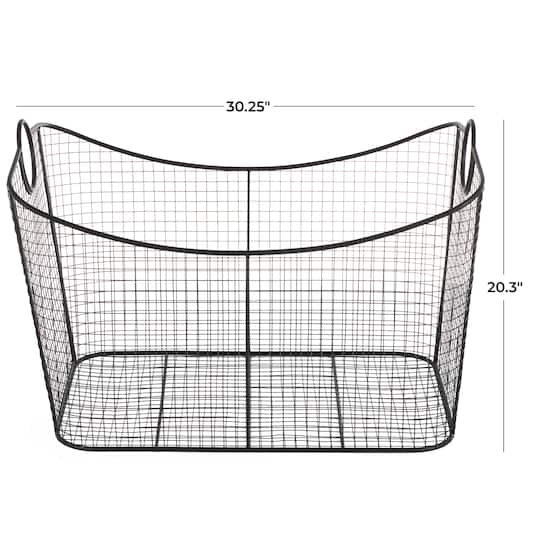 30.25" Black Metal Open Frame Wire Grid Storage Basket with Curved Sides & Ring Handles